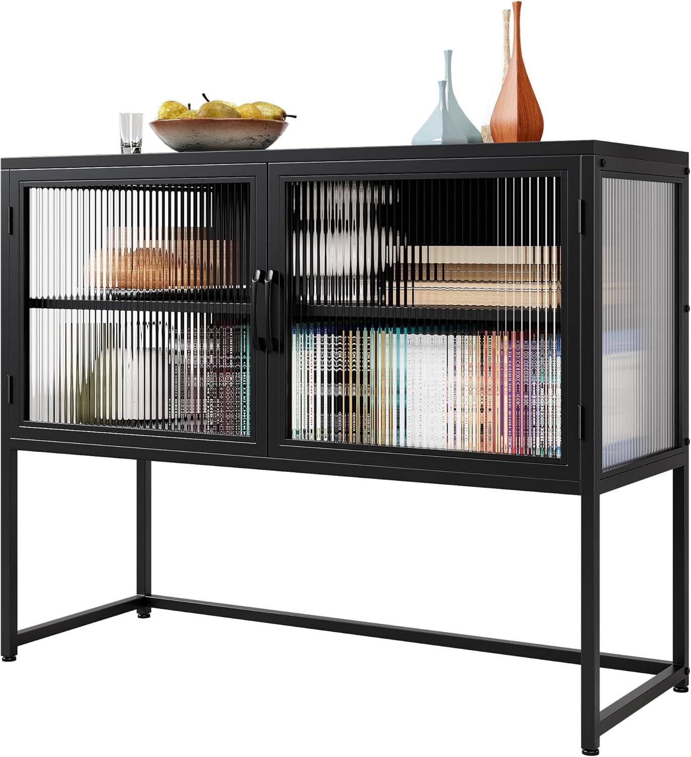 Black Metal Buffet Cabinet with Tempered Glass Doors