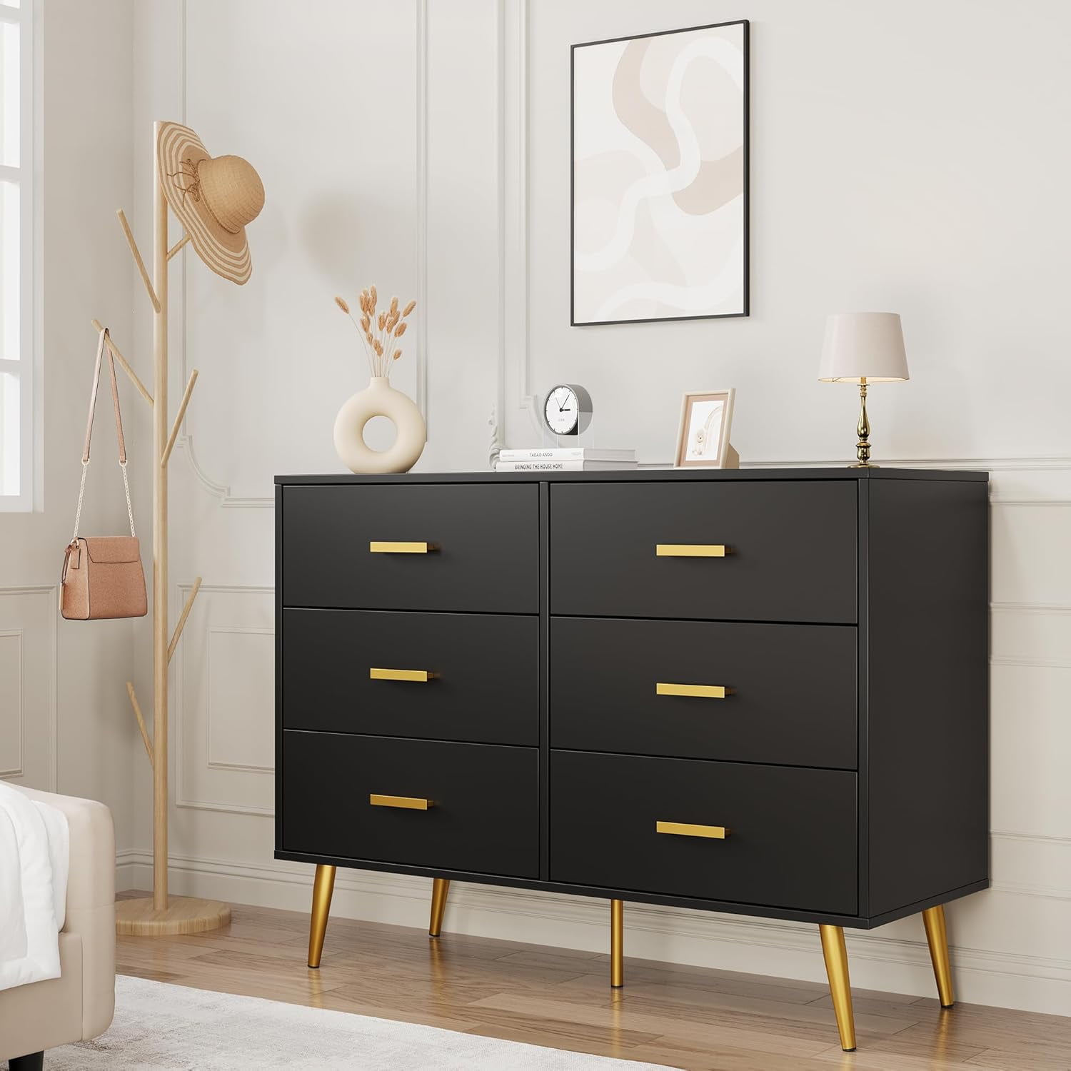Hetoy Chic and Versatile 6-Drawer Dresser Modern Storage Chest in Elegant Black Finish with Gold Handles for Bedroom, Living Room, or Hallway ... Hetoy Chic and Versatile 6-Drawer Dresser Modern Storage Chest in Elegant Black Finish with Gold Handles for Bedroom, Living Room, or Hallway ...