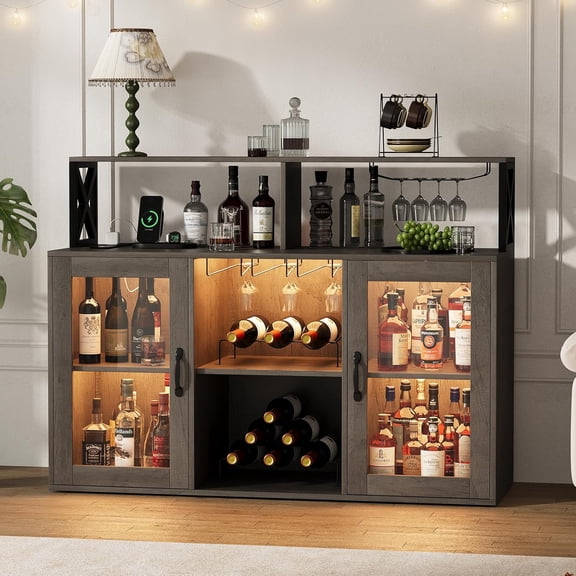 Hetoy Coffee Bar Cabinet, Liquor Cabinet, Wine Bar Cabinet with LED light, Home Coffee Cabinet with Wine and Glass Rack, Kitchen Buffet Sideboard with Storage Shelves, Grey