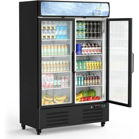 Hetoy Commercial Glass Door Refrigerator with LED Lighting - 36.3 Cu.Ft Upright Beverage Cooler with Double Swing Doors, Ideal for Home, Store, Gym, or Office