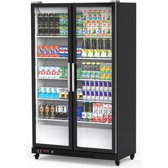 Hetoy Commercial Refrigerator, Glass Door with LED Lighting - Upright Beverage Display Cooler for Home, Store, Gym, or Office, Featuring Double Swing Doors and 39 cu.ft