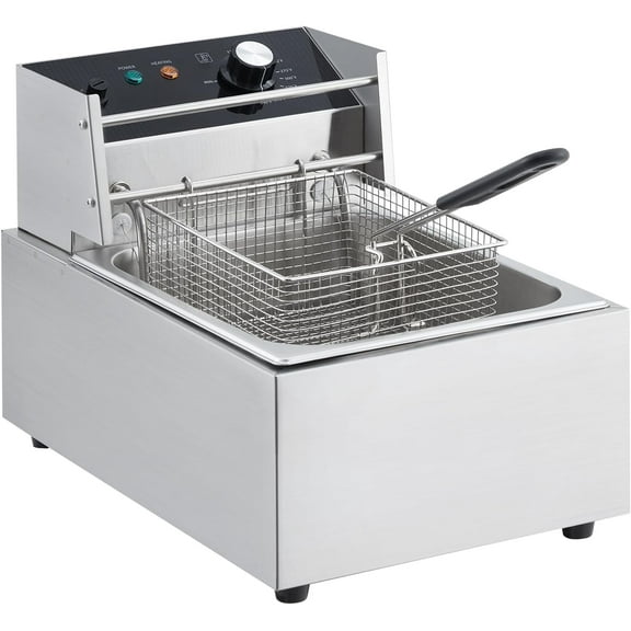 Hetoy Countertop Deep Fryer - Single Cylinder with 6L Oil Capacity, 1800W, 110V, Timer, Rear Flip, 201 Stainless Steel Basket, Adjustable Temperature - Ideal for Home Kitchen and Restaurant Use