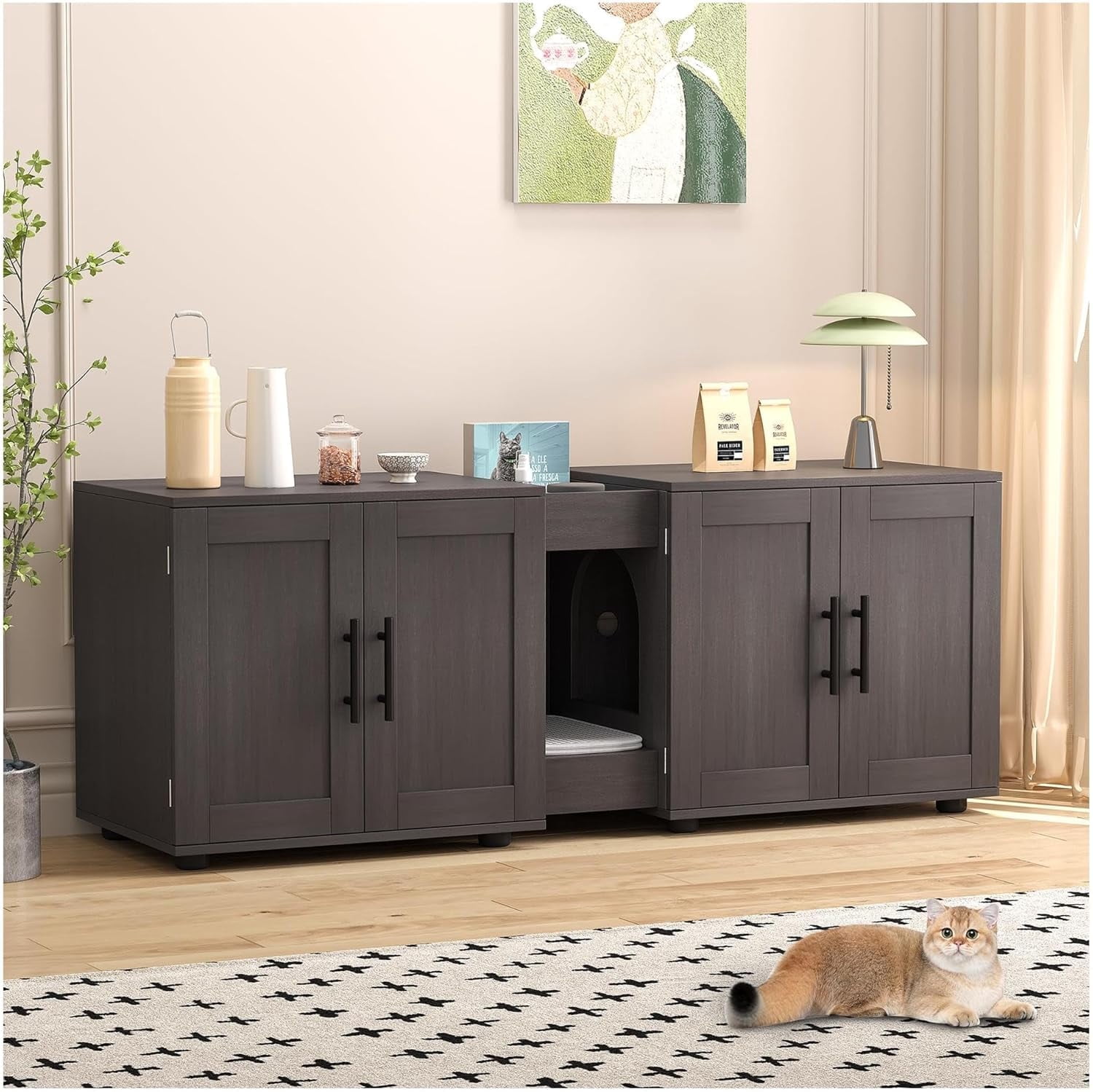 Hetoy Elegant Double-Room Cat Litter Cabinet – Stylish Litter Box Enclosure for Two Cats with Storage and Cat Mat, 55”L x 17.7”W x 22.5”H in Black