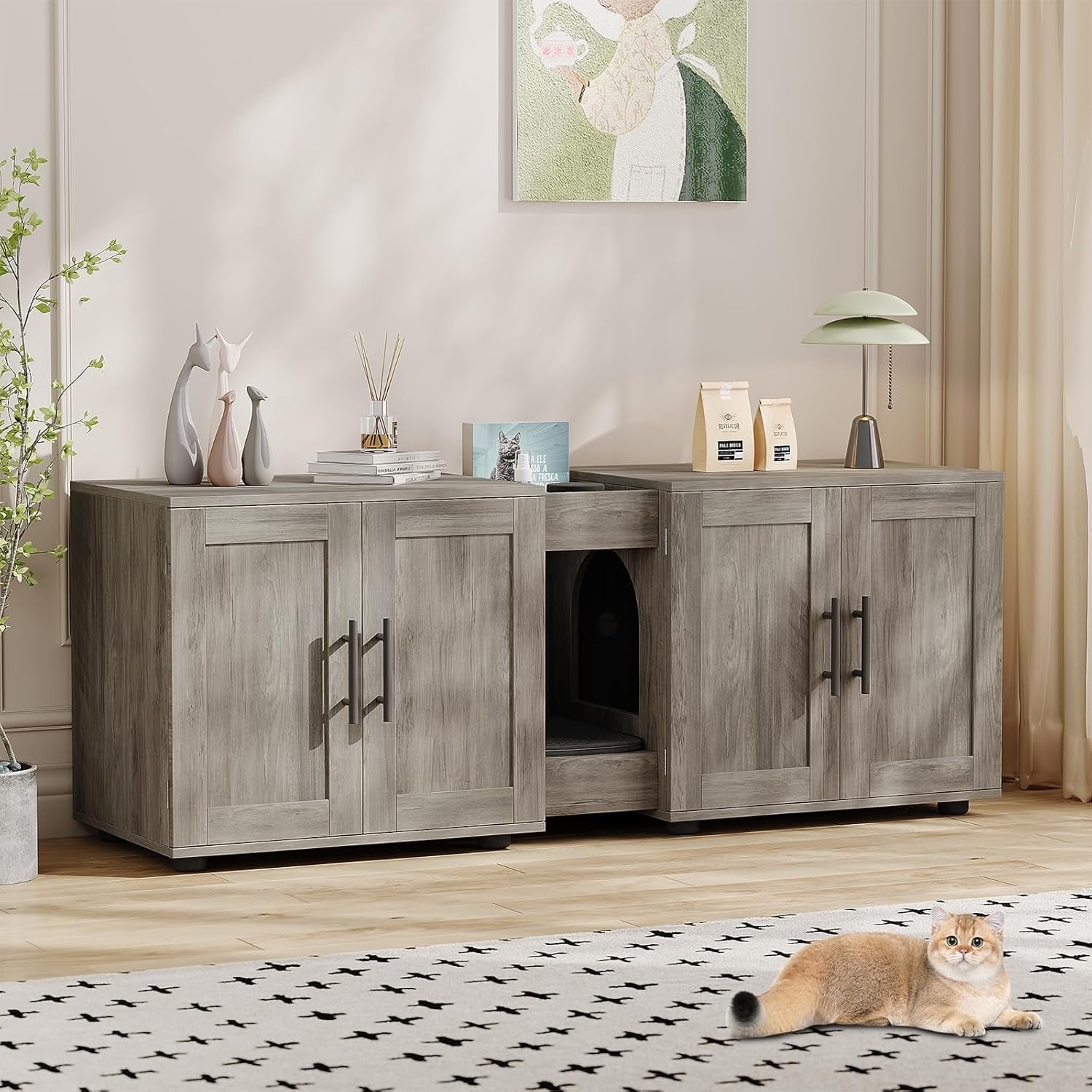 Hetoy Elegant Double-Room Cat Litter Cabinet – Stylish Litter Box Enclosure for Two Cats with Storage and Cat Mat, 55”L x 17.7”W x 22.5”H in Gray