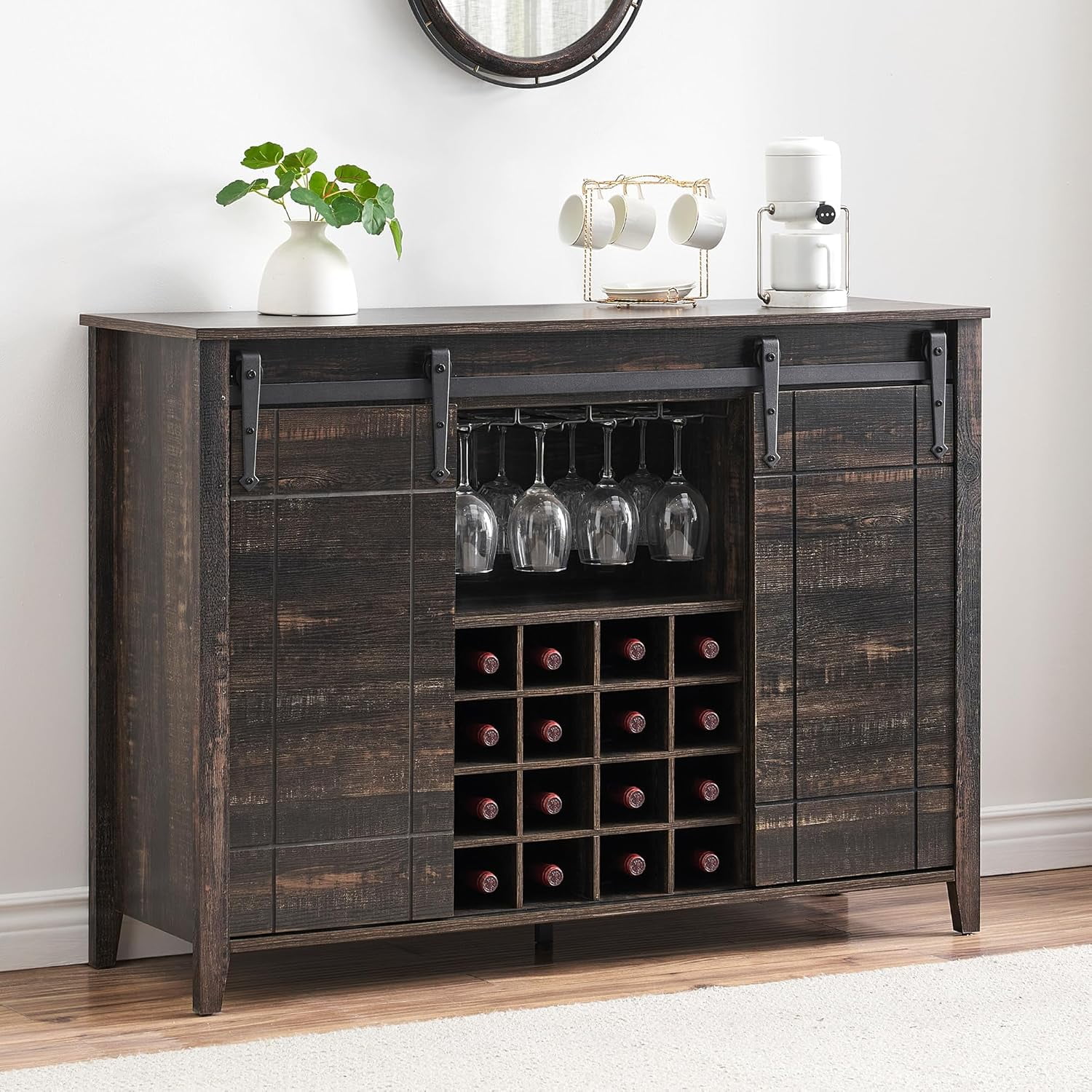 Hetoy Elegant Farmhouse Wine Bar Cabinet with Sliding Barn Door – 47" Kitchen Coffee Bar with 16 Wine & Glass Racks, Rustic Sideboard for Dining and Living Room, Black