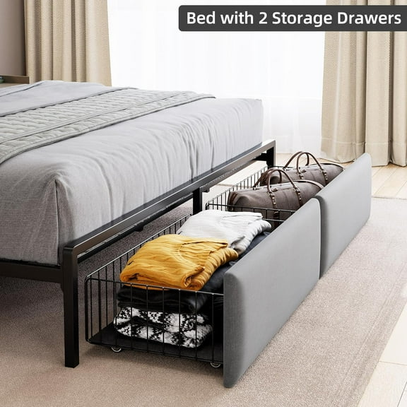 Hetoy King Bed Frame with 2 Storage Drawers, LED Bed Frame with 2-Tier Storage Headboard&Charging Station, Metal Platform Bed Frame, No Box Spring Needed, Noise Free, Rustic Grey