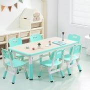 Hetoy Light Blue Kids Table and Chairs Set - Height Adjustable Toddler Table with 6 Chairs, Ergonomic Design for Ages 2-10, Multi-Activity Graffiti Desktop - Easy Assembly and Maintenance