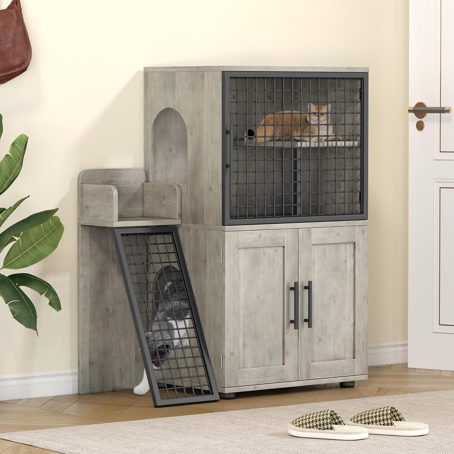 Gray MDF and Iron Cat Litter Box Enclosure with Ladder