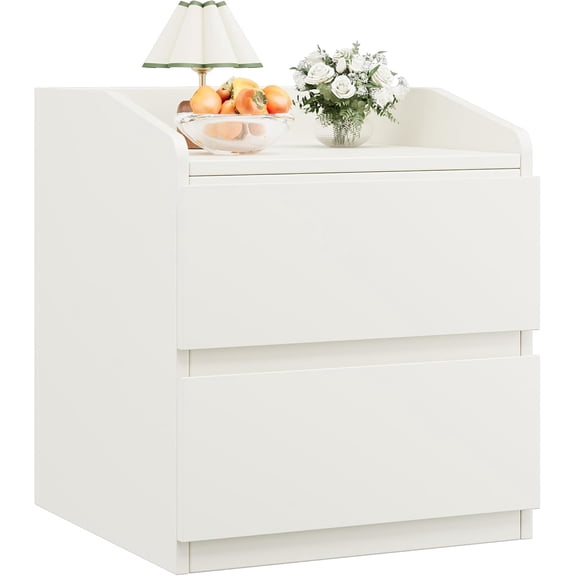Hetoy Nightstand with Drawers Bedside Table, Light Wood End Table Modern Bed Side Table 2 Drawers Night Stand, Drom Side Table Curved with Handle Free Design for Living Room, White