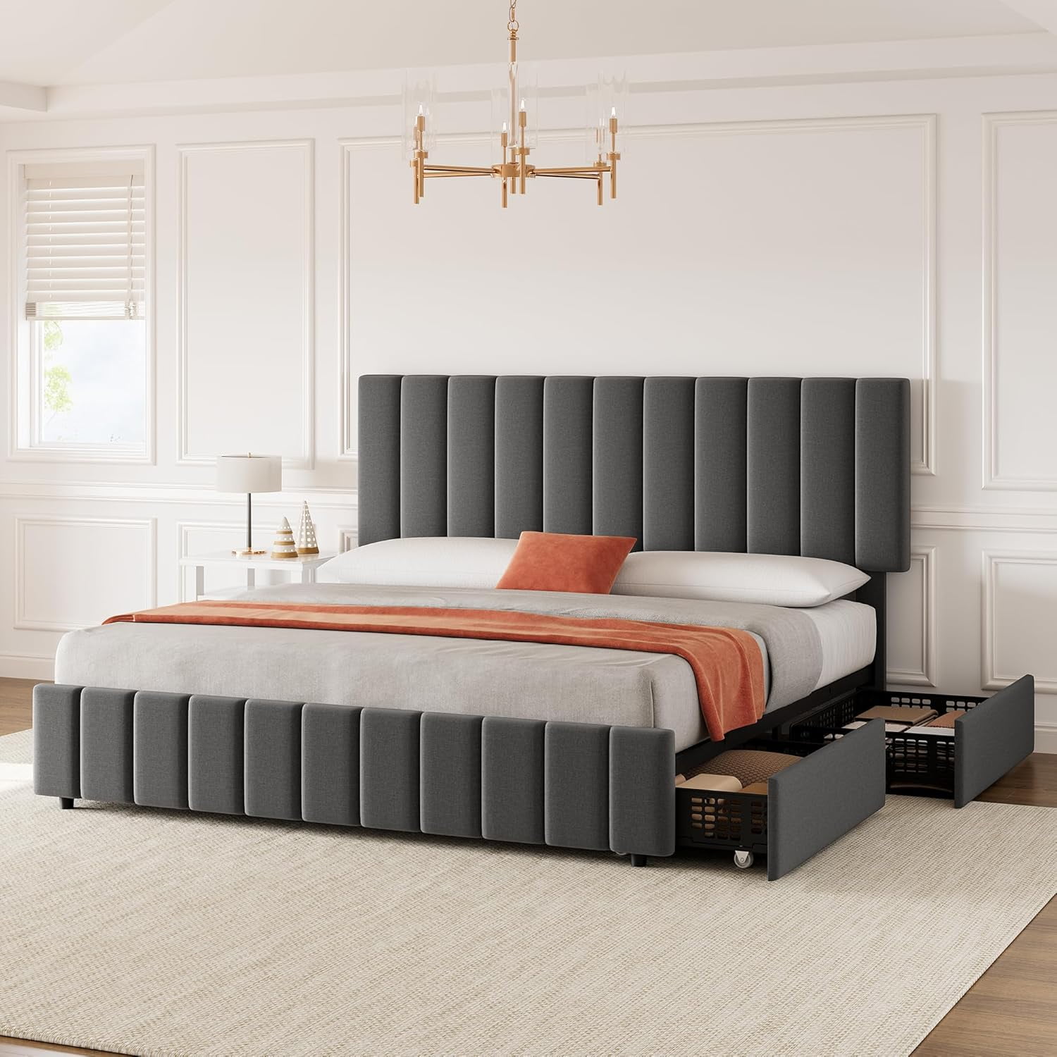 Hetoy Queen Size Bed Frame with 4 Storage Drawers and Adjustable Headboard, Linen Upholstered Platform Bed Frame with Wooden Slats Support, No Box Spring Needed, Dark Grey