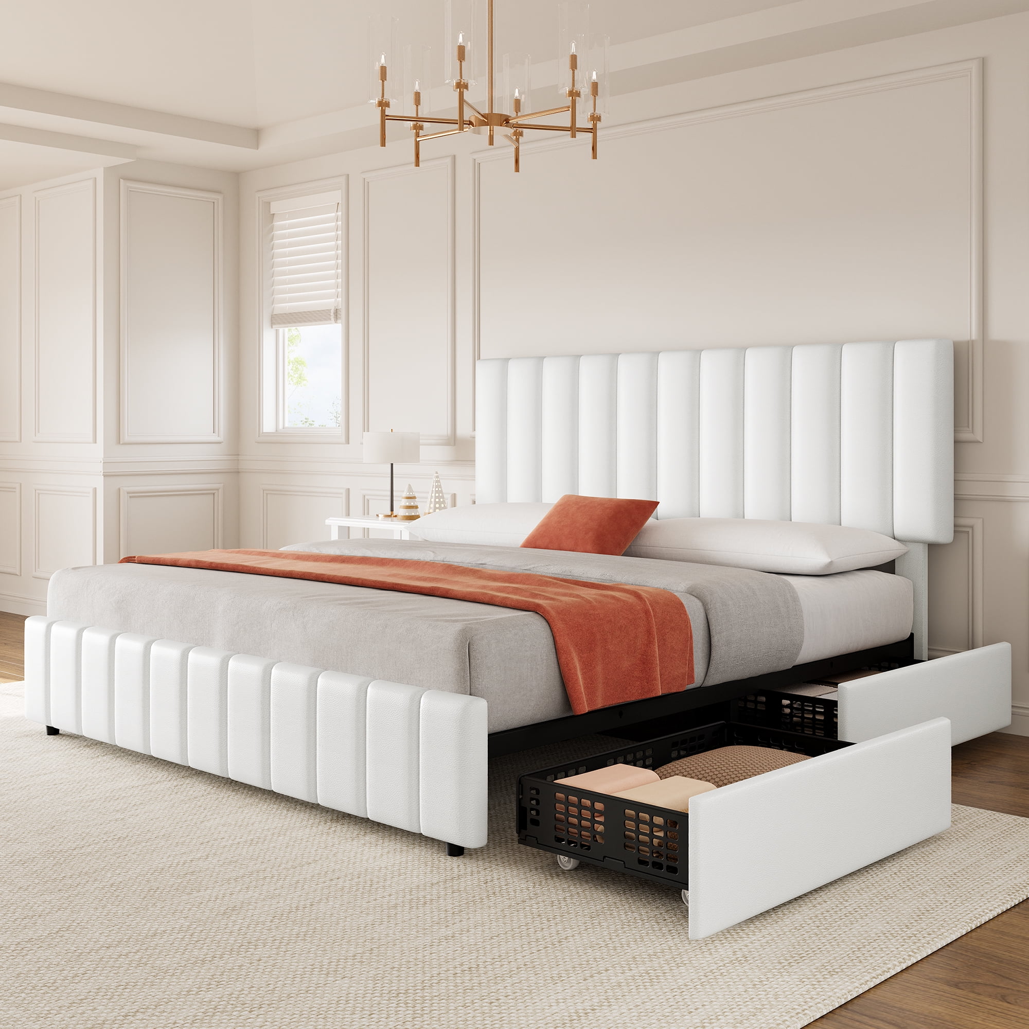 Hetoy Queen Size Bed Frame with 4 Storage Drawers and Adjustable Headboard, Linen Upholstered Platform Bed Frame with Wooden Slats Support, No Box Spring Needed, White