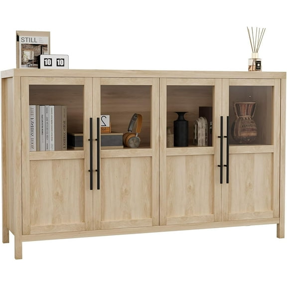 Hetoy Sideboard Buffet Cabinet with 4 Glass Doors Large Modern Farmhouse Storage Pear Wood Finish, Oak
