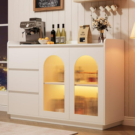 Hetoy Sideboard Buffet Cabinet with Glass Doors 48 Inch Large White Storage Cabinet with LED Lighting, White