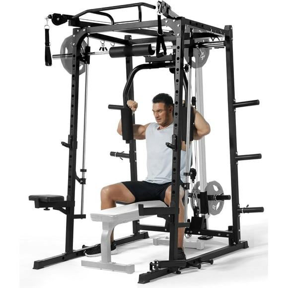 Hetoy Smith Machine, 2000LBS Power Rack with Smith Bar and Cable Crossover, Multifunctional Home Gym System with LAT Pulldown, Chest Press, Squat Rack, and Attachments for Full-Body Training