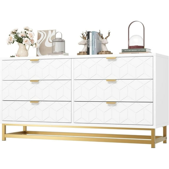 Hetoy Stylish 6-Drawer Bedroom Dresser – 53-Inch Modern Chest with Elegant Metal Legs & Ample Storage for Bedroom, Living Room, and Entryway Organization,White