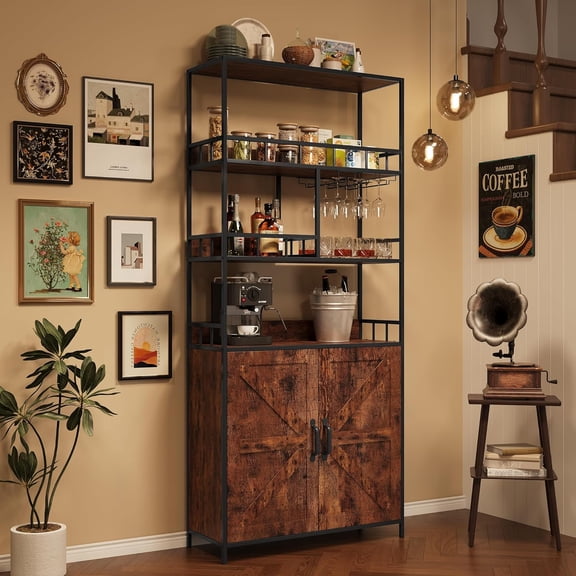 Hetoy Tall Bar Cabinet - 70.8 Inch Freestanding Wine Rack Industrial Liquor Cabinet with Glass Holder 5 Tier Bakers Rack with Cabinet Large Microwave Stand Wine Cabinet for Kitchen Dining Room