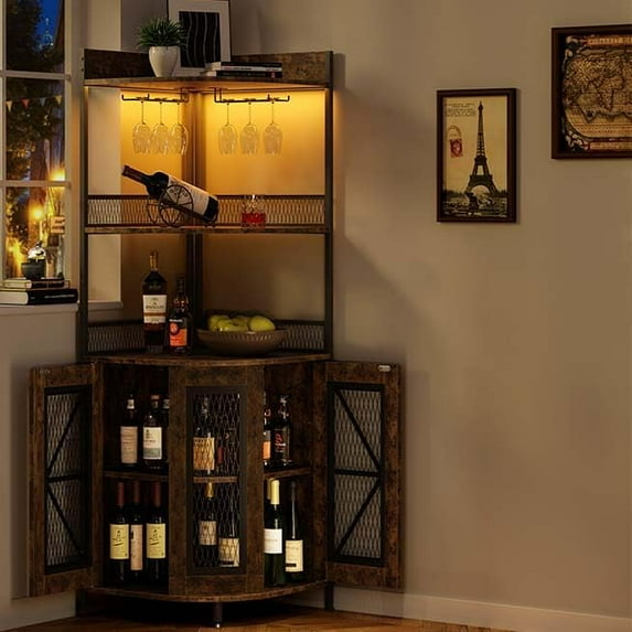 Hetoy Tall Corner Bar Cabinet with Power Outlet and LED, Wine Cabiner for Liquor, Industrial Corner Cabinet with Wine Storage, 5-Tiers Liquor Cabinet Bar with Glass Holder for Home, Kitchen
