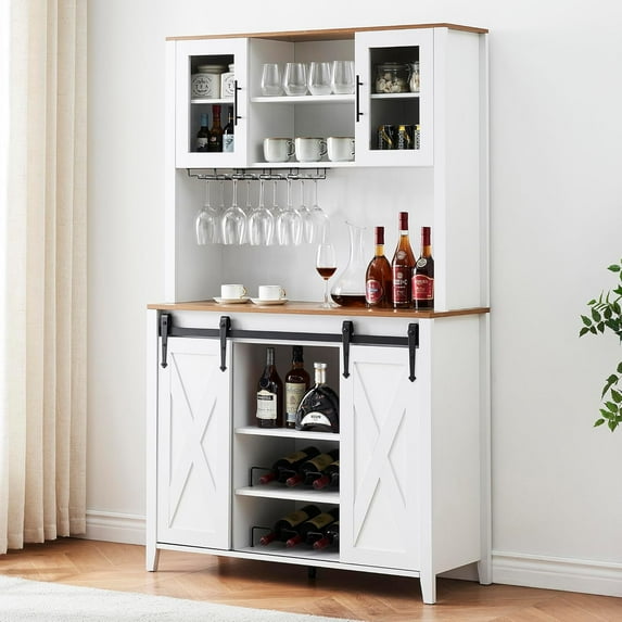 Hetoy White 70-Inch Farmhouse Bar Wine Cabinet with Sliding Barn Doors, Ample Storage Space, Wine & Glass Racks - Versatile Coffee, Liquor, and Kitchen Cabinet for Dining Room and Home Bar