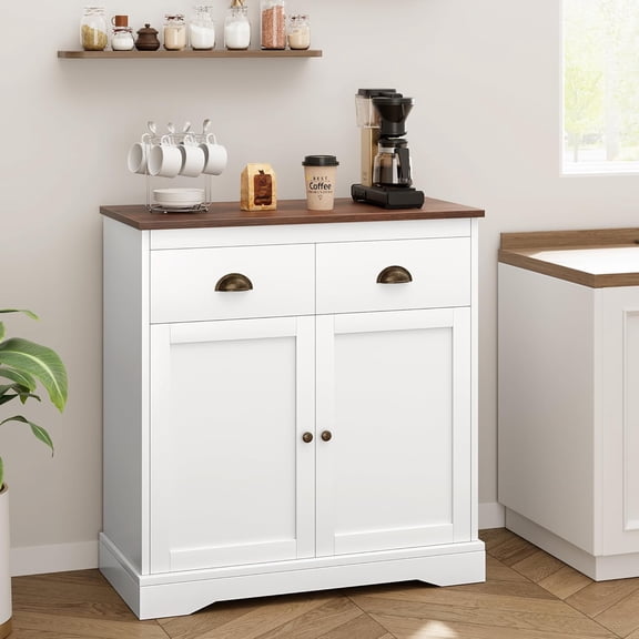 Hetoy White Farmhouse Buffet Cabinet with 2 Drawers and 2 Doors – Adjustable Shelves, Stain-Resistant Woodgrain Countertop