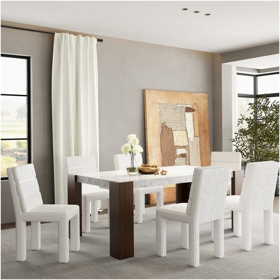 Hettie 7-Piece Dining Set with Engineered Stone Table and Boucle Chairs, Beige Brown Modern Kitchen Furniture