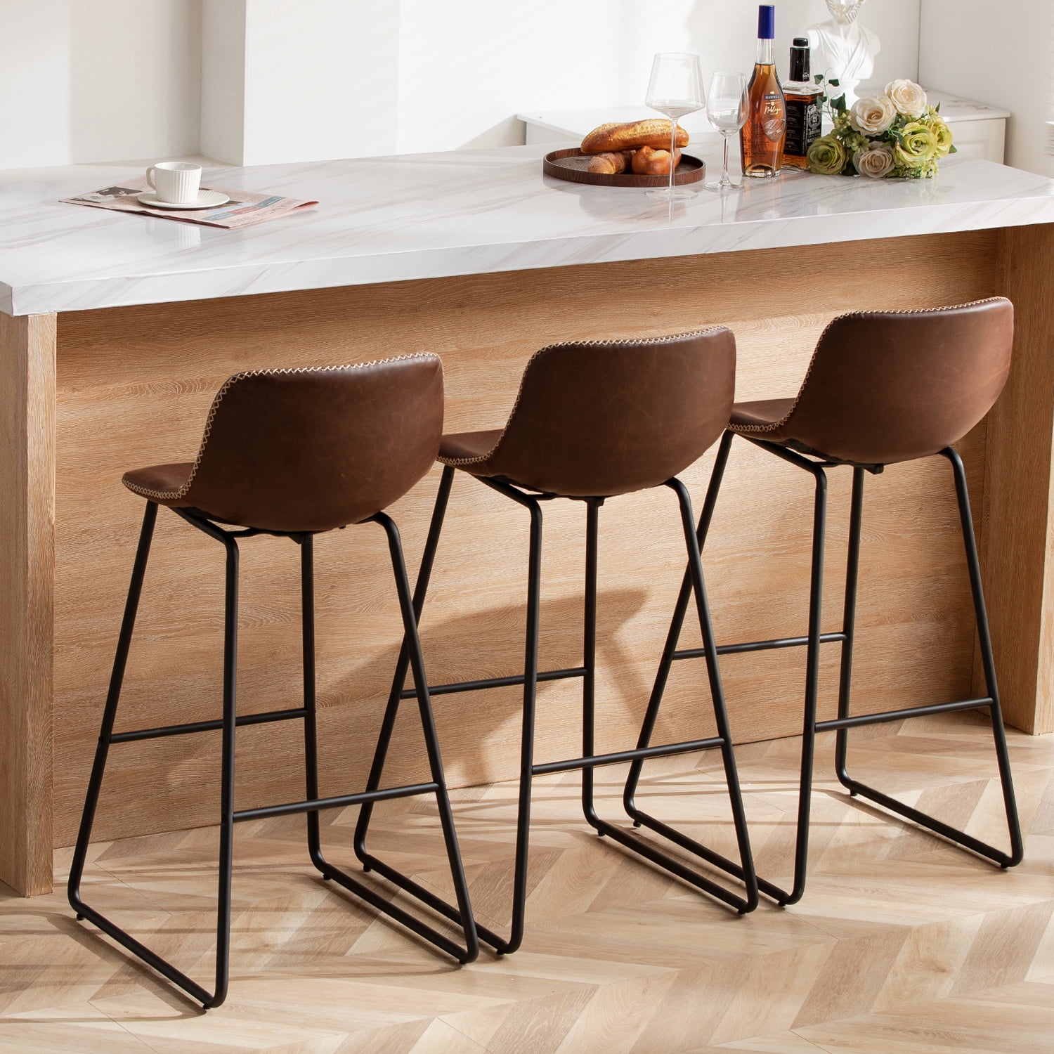 FIRAVOE Bar Stools Set of 3, 30 Inch Counter Height Bar Stools with Back, Faux Leather Modern Barstools High Bar Stools Chairs for Kitchen Island, Brown