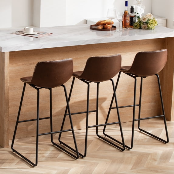 FIRAVOE Bar Stools Set of 3, 30 Inch Counter Height Bar Stools with Back, Faux Leather Modern Barstools High Bar Stools Chairs for Kitchen Island, Brown