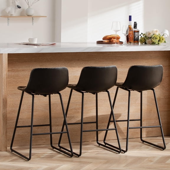 FIRAVOE Bar Stools Set of 3, 26 Inch Counter Height Bar Stools with Back, Faux Leather Modern Barstools Counter Stools Bar Chairs for Kitchen Island, Black