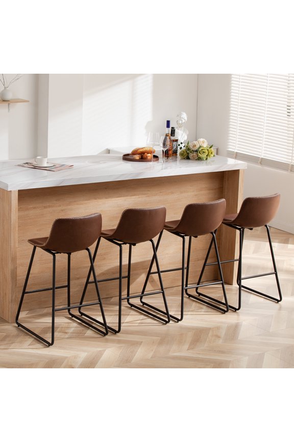 Counter Height Bar Stools Set of 4 (Low Back) (26 Inch) Leather Modern Barstools Counter Stools Bar Chairs Brown Bar Stools for Kitchen Island