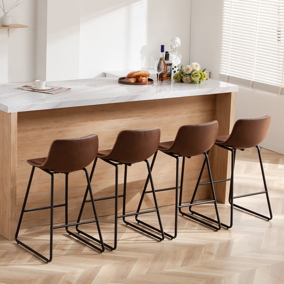 FIRAVOE Counter Height Bar Stools Set of 4 (Low Back) (26 Inch) Leather Modern Barstools Counter Stools Bar Chairs Brown Bar Stools for Kitchen Island