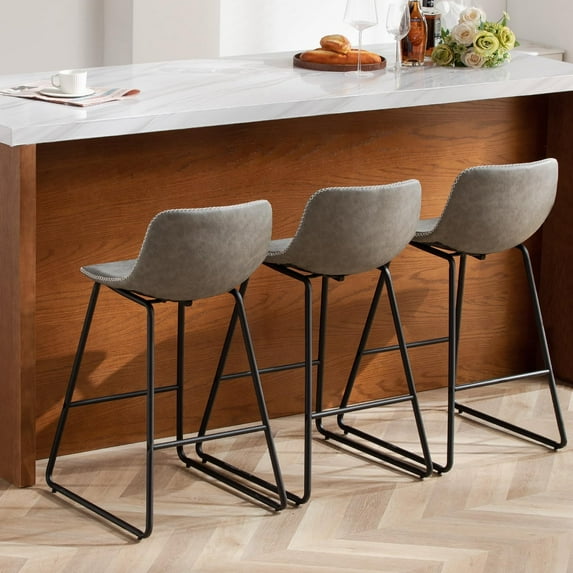 FIRAVOE Bar Stools with Back Set of 3, Gray Leather Counter Height Bar Stools, 26 Inch Modern Barstools Counter Stools Kitchen Bar Stools Bar Chairs Island Stools