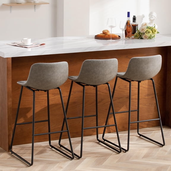 FIRAVOE Bar Stools Set of 3, 30 Inch Counter Height Bar Stools with Back, Faux Leather Modern Barstools High Bar Stools Chairs for Kitchen Island, Gray