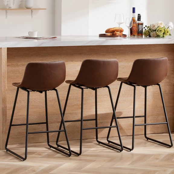 FIRAVOE Bar Stools Set of 3, 26 Inch Counter Height Bar Stools with Back, Faux Leather Modern Barstools Counter Stools Bar Chairs for Kitchen Island, Brown