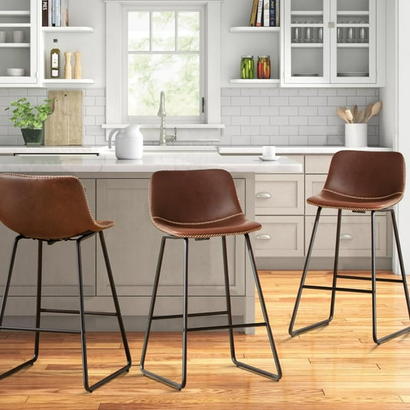 HeuGah Counter Height Bar Stools Set of 3, Brown Barstools with Back Support 26 Inch Faux Leather Bar Stools for Kitchen Island Counter Height Bar Chairs with Metal Legs