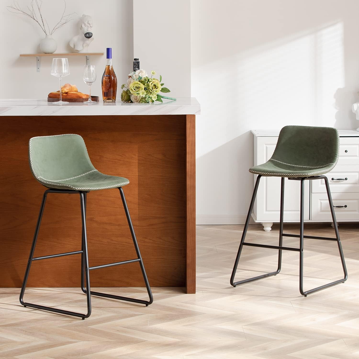 Green Upholstered Adjustable Counter Height Bar Stools with Metal Legs