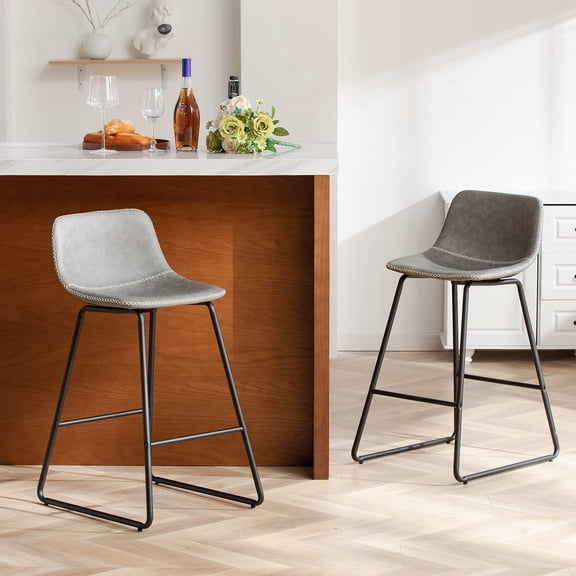 FIRAVOE Bar Stools Set of 2, 26 Inch Counter Height Bar Stools with Back, Faux Leather Modern Barstools Counter Stools Bar Chairs for Kitchen Island, Gray