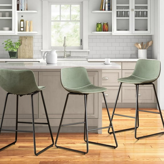 HeuGah Green Bar Stools Set of 3, 26 Inch Barstools with Metal Legs Faux Leather Counter Height Bar Stools for Kitchen Island Modern Bar Seats Chairs with Backrest