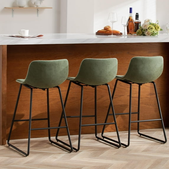 FIRAVOE Counter Height Bar Stools Set of 3 (Low Back) (26 Inch) Leather Modern Barstools Counter Stools Bar Chairs Green Bar Stools for Kitchen Island