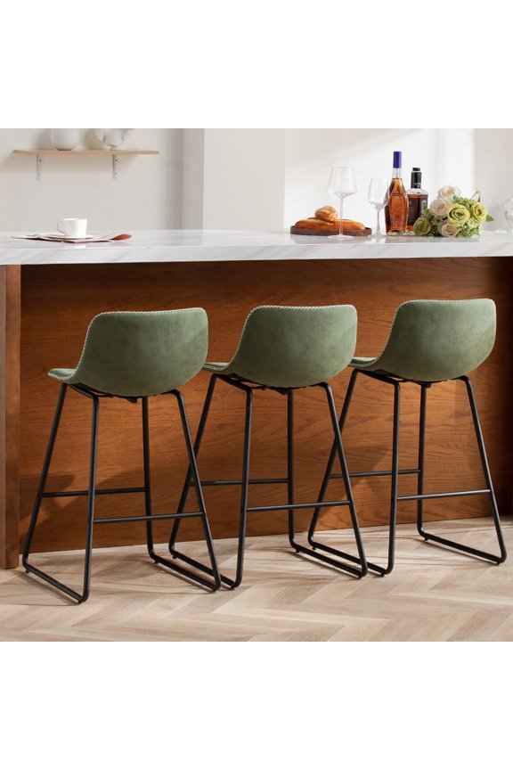 Counter Height Bar Stools Set of 3 (Low Back) (26 Inch) Leather Modern Barstools Counter Stools Bar Chairs Green Bar Stools for Kitchen Island