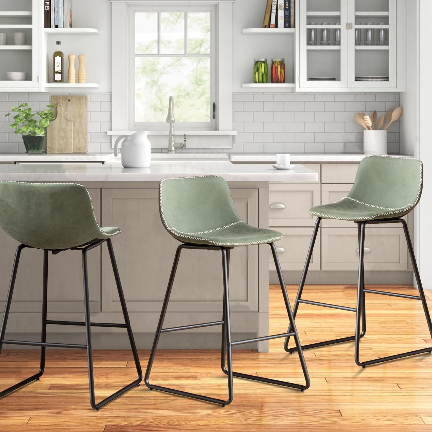 HeuGah Green Bar Stools Set of 3, 26 Inch Barstools with Metal Legs Faux Leather Counter Height Bar Stools for Kitchen Island Modern Bar Seats Chairs with Backrest