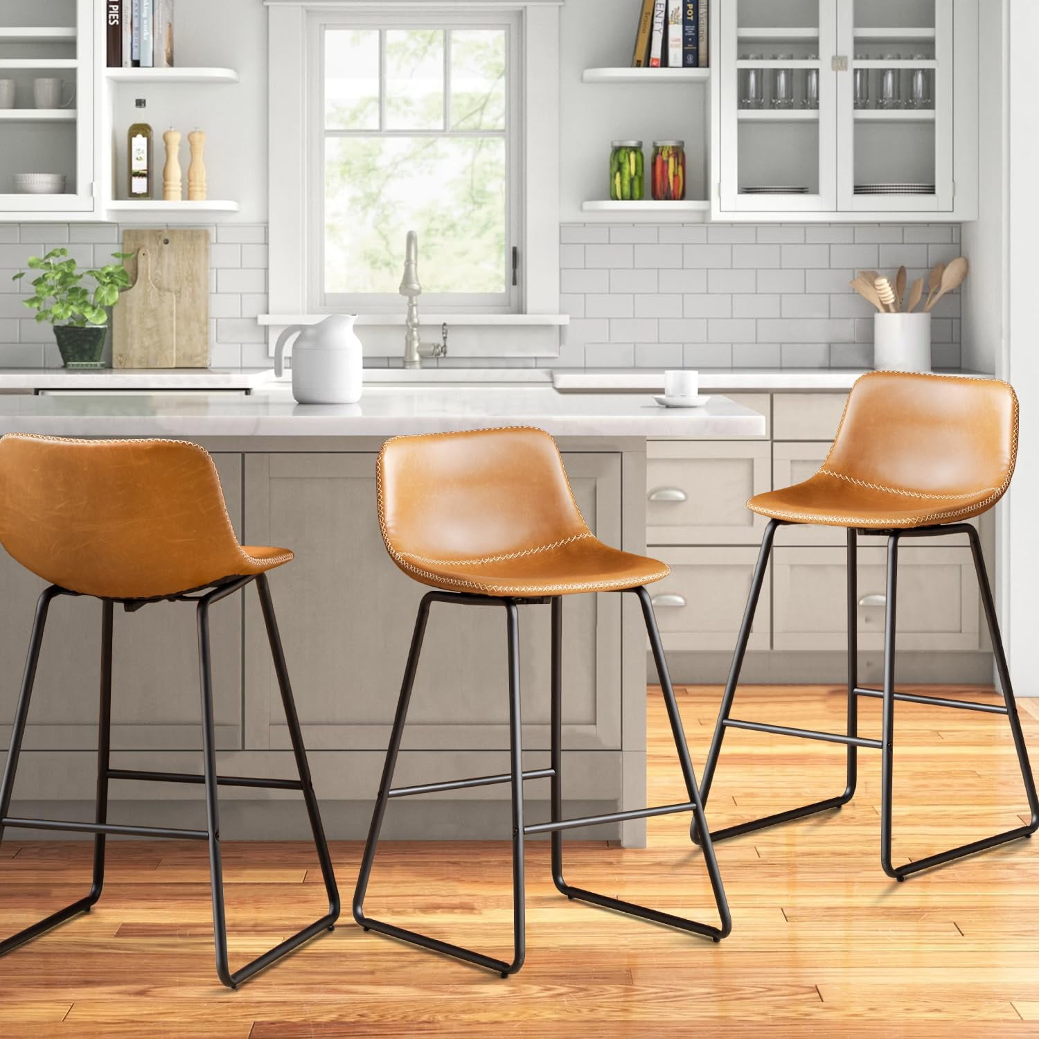 Set Of 3 Bar Stools With Back - 26" Counter Height, Wide Fabric Seat, Metal Legs, Bluish Green