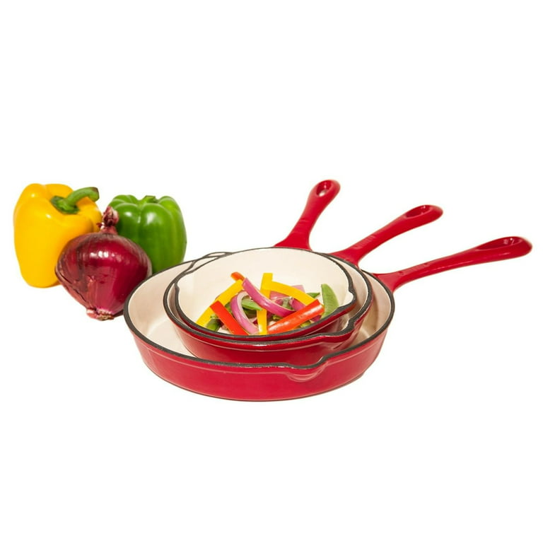 ExcelSteel 447 3 PC Cast Iron Skillet Set with Red Enamel Coating