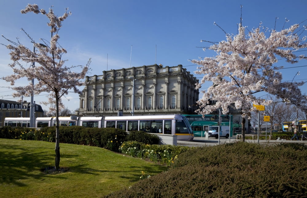 Heuston Rail Station with a LUAS light railway tram in the foreground Dublin City Ireland Canvas Art - Panoramic Images (24 x 18)