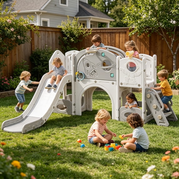 Shengchao Trade 12 in 1 Toddler Slide , Astronaut Themed for Baby Slide Toddlers Aged 1-3, with Astronaut,Telescope, Basketball Hoop and Ring Toss, Toddler Playset Gray Combo