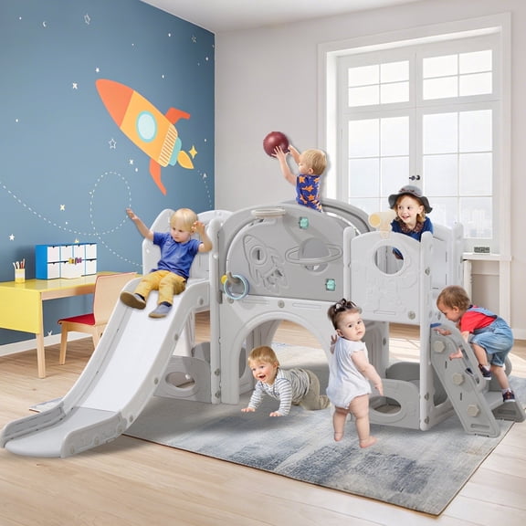 Shengchao Trade 12 in 1 Toddler Slide , Astronaut Themed  for Baby Slide Toddlers Aged 1-3, with Astronaut,Telescope, Basketball Hoop and Ring Toss, Toddler Playset Gray Combo