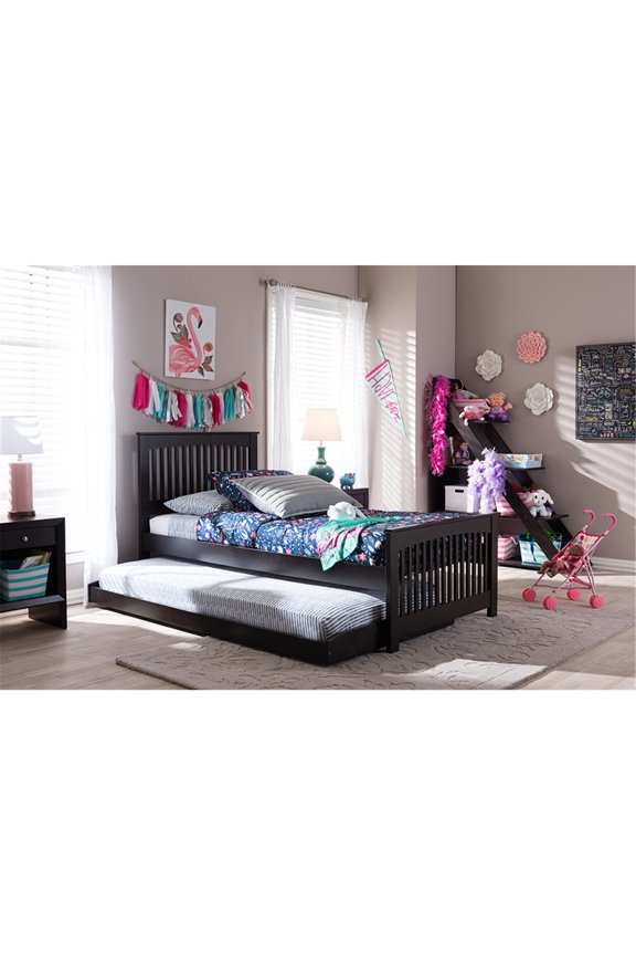 Hevea Twin Size Dark Brown Solid Wood Platform Bed with Guest Trundle Bed