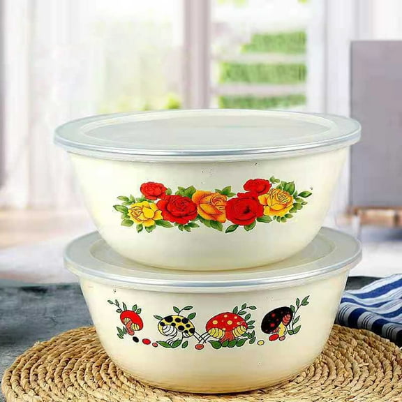 Hevirgo Clear Pattern Enamel Bowl with Lid Nostalgic Chinese Style Salad Bowls for Dinner