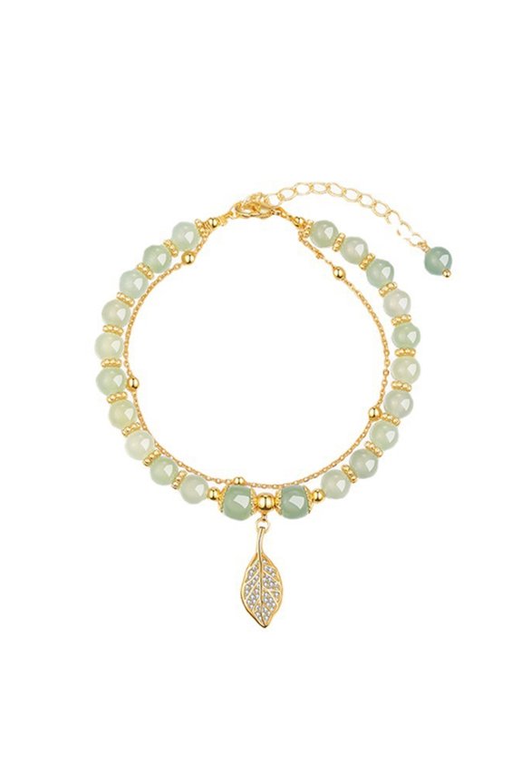Women Bracelet Rhinestone Leaf Pendant Double-layered Adjustable Length Faux Jade Smooth Contrast Color Luxury Good Luck Bangle