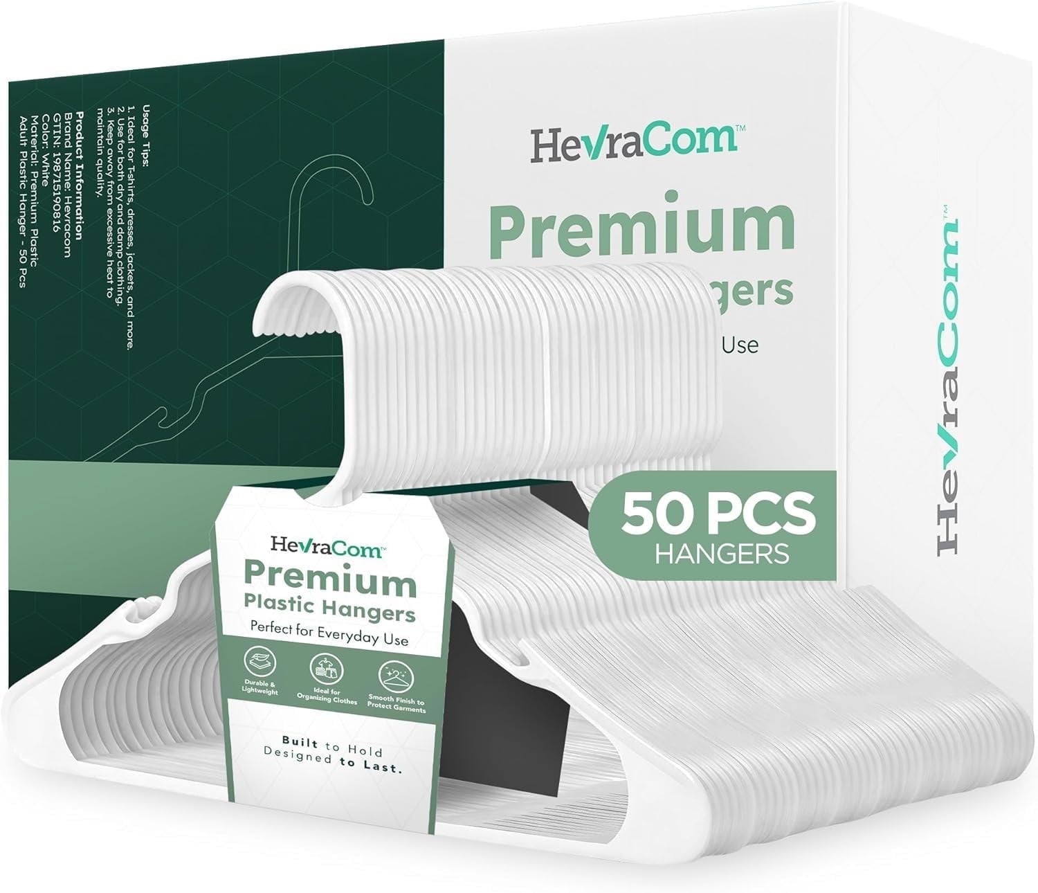 HevraCom Clothes Hangers Heavy Duty Plastic Closet Hangers for Shirts Coats and Dresses White 50 Pack