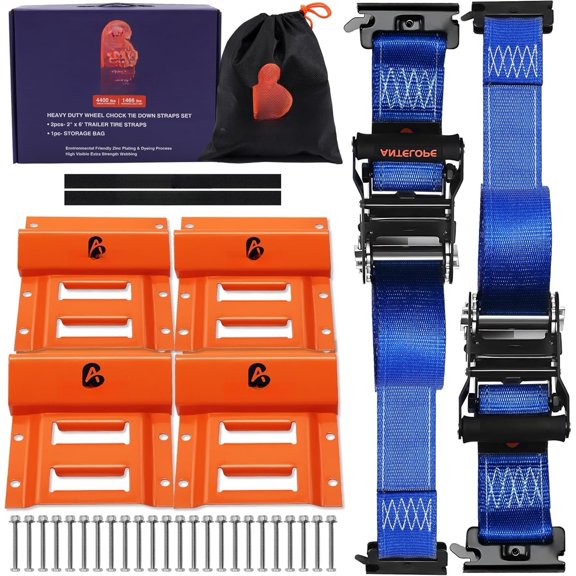 Hevy Duty Wheel Chock Tie Down Kit, 4400lbs Brek Strength Triler Tire Strps System, ETrck Triler Tire Strps for TV, UTV, Mower
