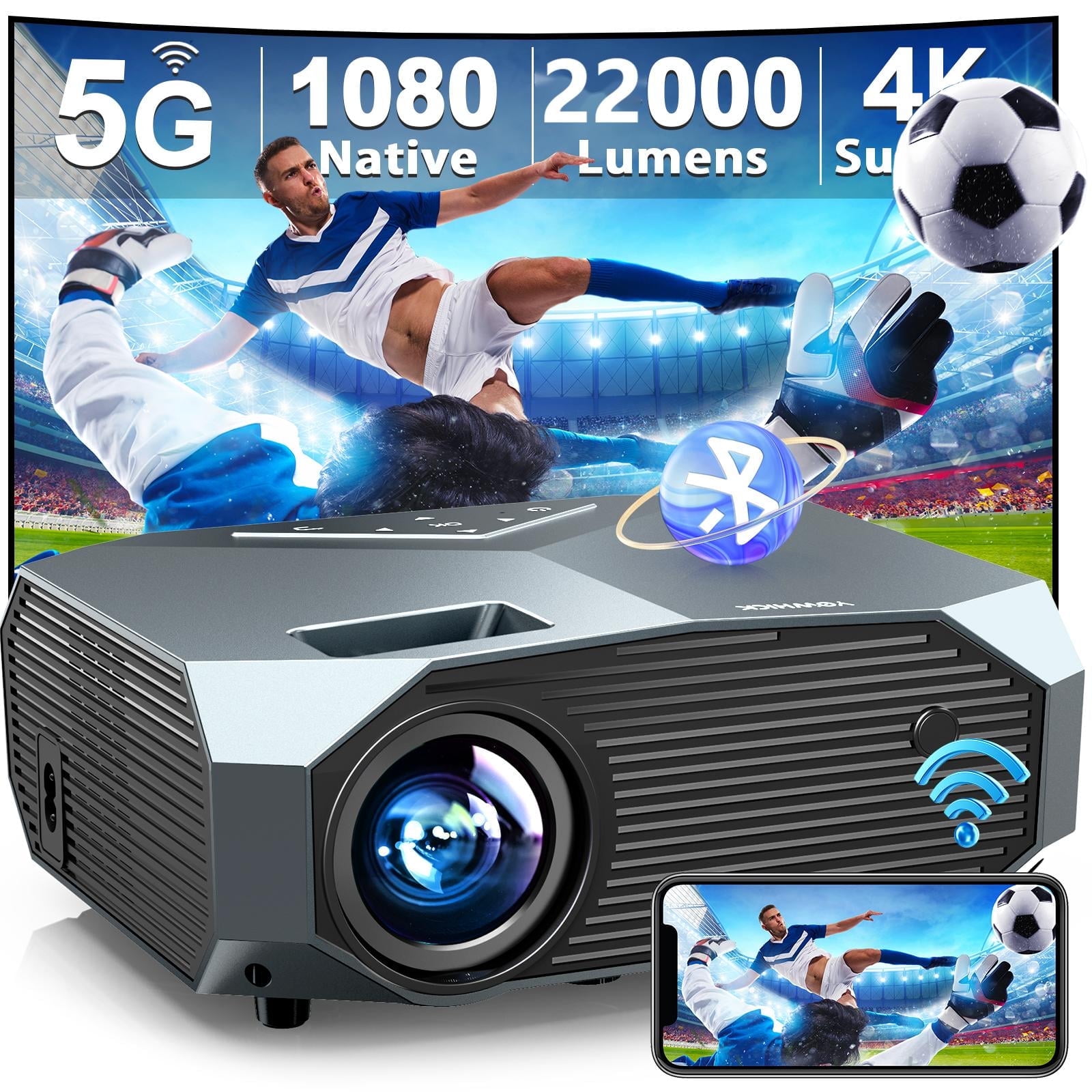 Hewcham 4K LCD Projector with Wireless, 1080P, 22000 Lumens, Bluetooth, Remote, 120,000-Hour Lamp